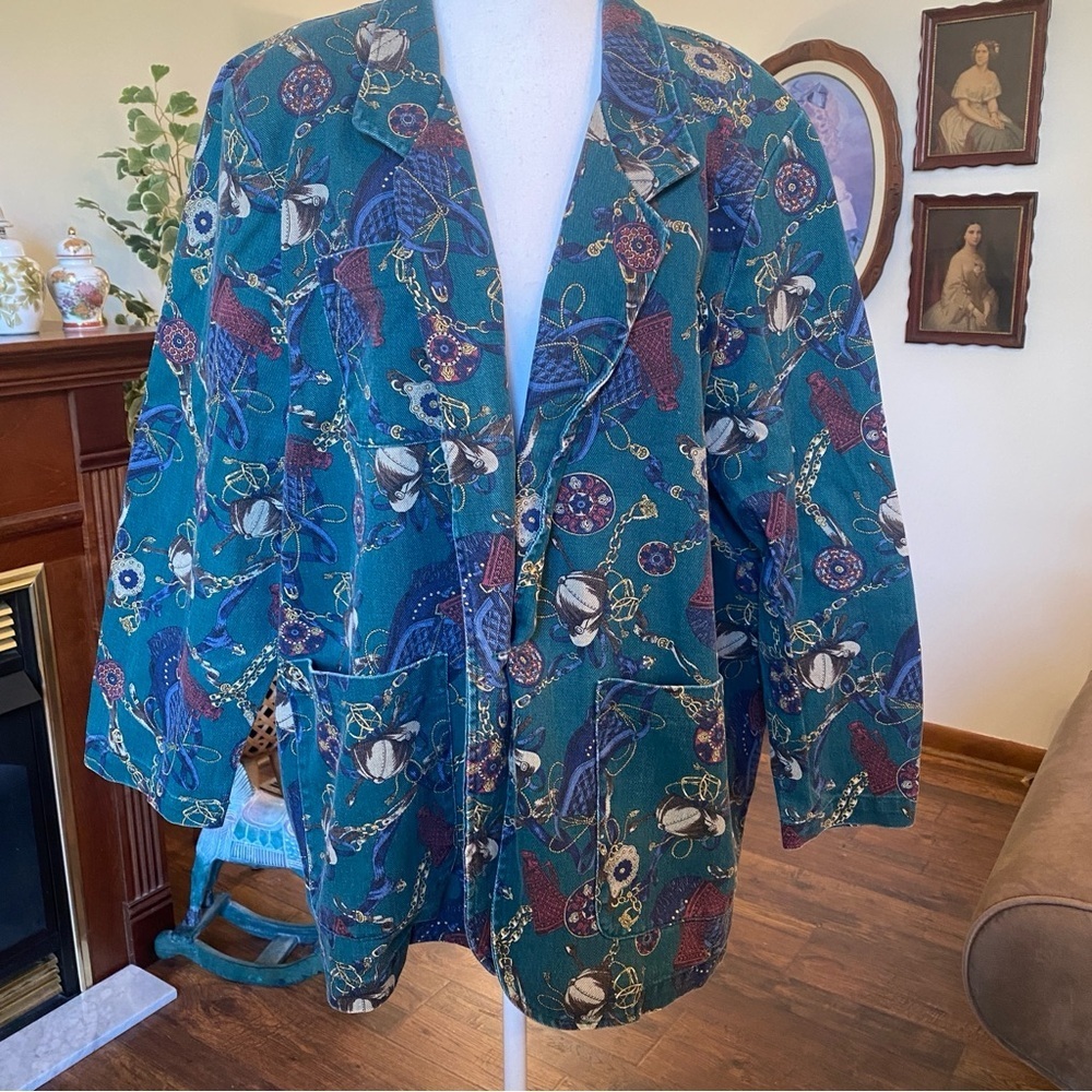 Vintage Willowbend • Green Equestrian Print Blazer Jacket • Size 1x